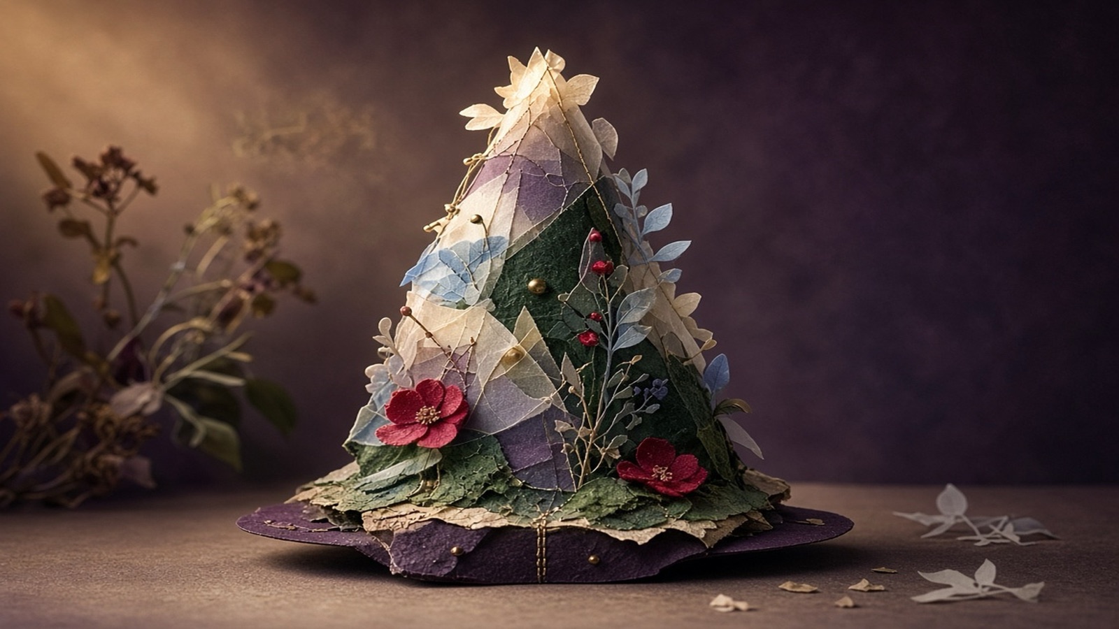 A fictional layered festive tree composition made from paper and fabric