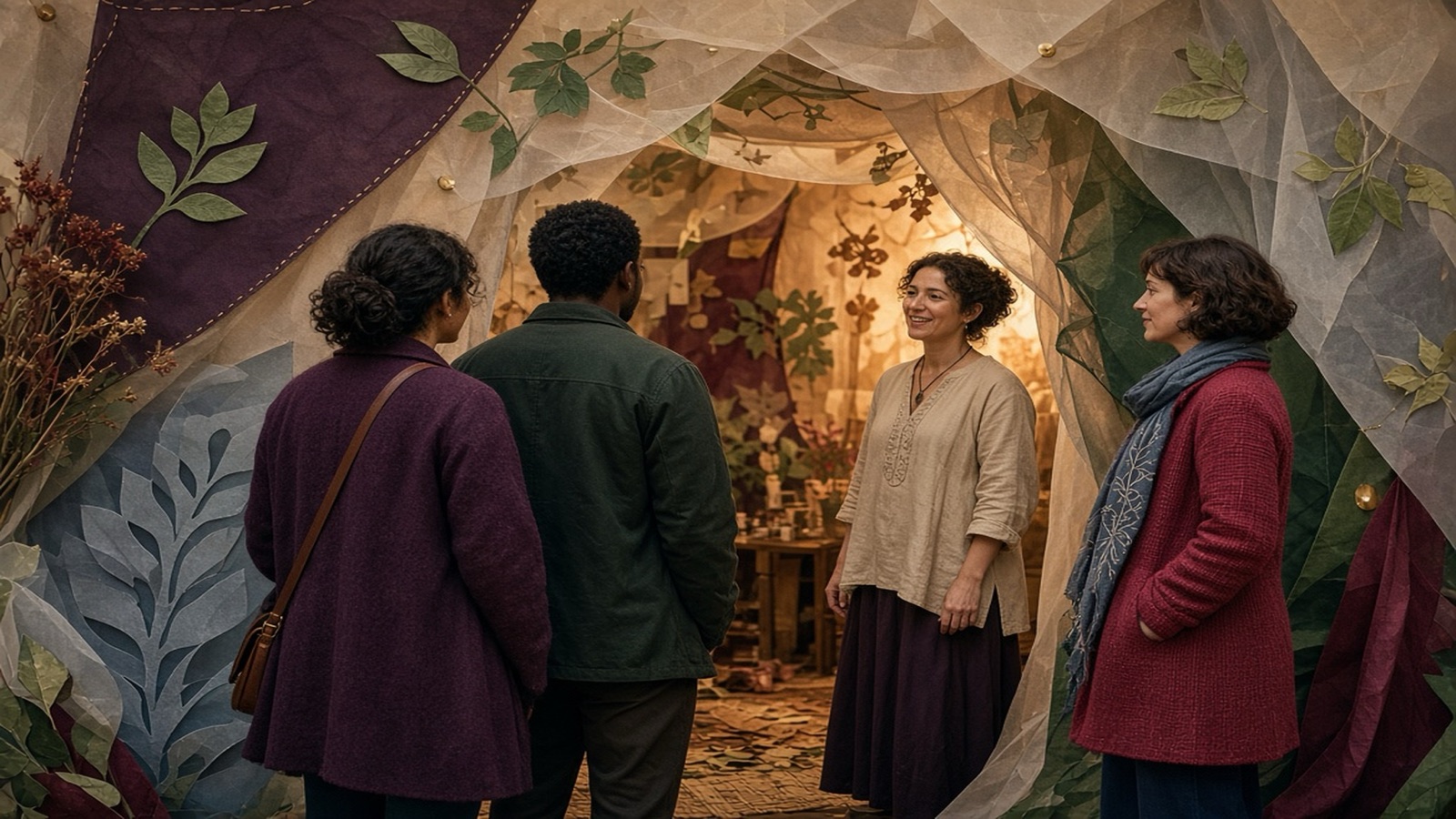 A fictional welcoming threshold made with textile and botanical forms